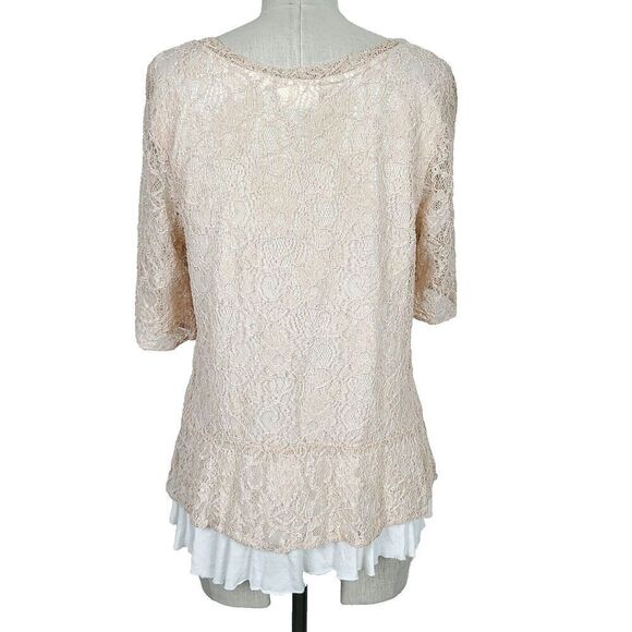 Deletta Anthropologie Top L Beige Embroidered Lace‎ Layered Peplum Blouse - Picture 3 of 8
